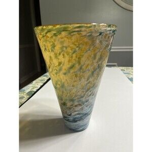 Hand Blown Art Glass Swirl Iridescent Blue Yellow Green Flared 8.5” Vase Signed